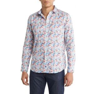 Travel Passport Stamp Print Button Down Shirt, Mens M, Johnston & Murphy